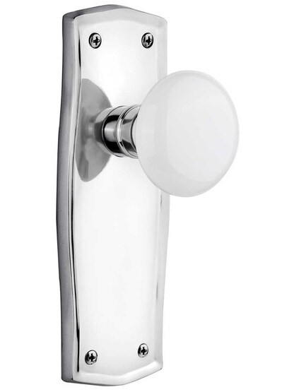 Prairie Door Set with White Porcelain Knobs - No Keyhole in Polished Chrome .